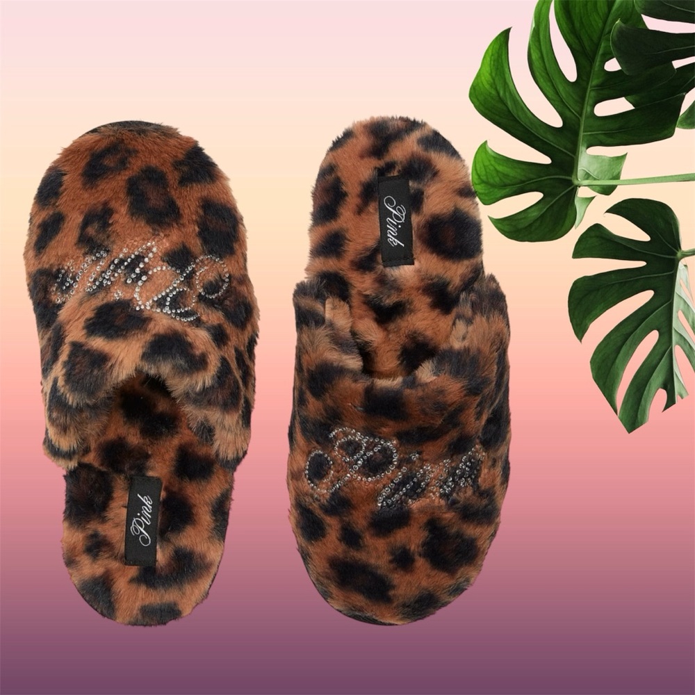 NEW Large PINK LEOPARD FAUX-FUR CLOSED-TOE SLIPPERS